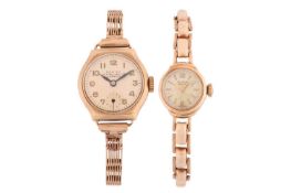 A small collection of jewellery items and two lady's 9ct gold watches; including a 14ct gem-set ring