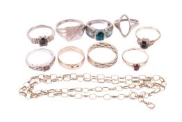 A yellow metal oval belcher chain, stamped '375', together with nine assorted rings including a 9ct 