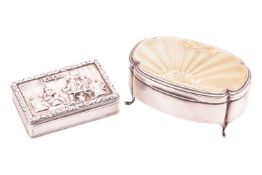 A William IV silver snuff box rounded rectangular, the cover with a relief scene of a tavern interio