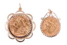 A mounted 1911 George V full sovereign in a 9ct gold pendant mount with a 1914 George V half soverei