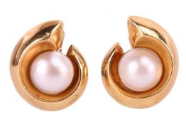 A pair of mabé pearl earrings, each containing a round cultured blister pearl of 13.0 mm, set within