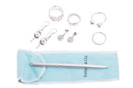 A half hoop diamond eternity ring, a pair of 9 carat white gold aquamarine and diamond pendant earri