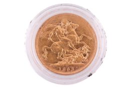 An 1893 Victoria Full-Sovereign with a plastic case, circulated.
