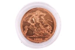 A 1982 Elizabeth II Full-Sovereign with a plastic case, circulated.