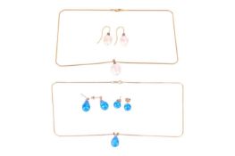 Two sets of gem-set necklace and earrings suite; the first contains an amphora-shaped cultured pearl