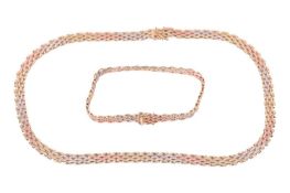 A 9ct tri-colour gold necklace and matching bracelet, featuring textured brick-style links; the brac