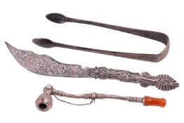 A Bezalel pipe, a Bezalel filigree knife and a pair of George III silver sugar tongs; the pipe appli