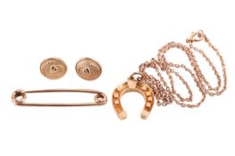A 9ct gold horseshoe pendant on chain, a pair of Ola Gorie 9ct gold earrings and a 9ct gold pin broo