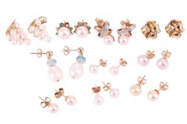 Ten pairs of earrings; including a pair of 18ct tri-coloured gold stud earrings of knot design, five