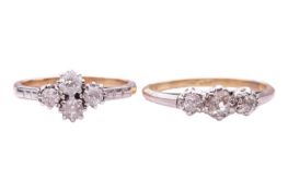 Two old-cut diamond rings; the first set with three old-cut diamonds, the largest central diamond me