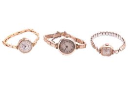 Three lady's gold dress watches, featuring an unbranded 9ct yellow gold hand-wound watch with a 9ct 