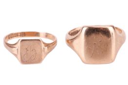 Two signet rings in 9ct yellow gold, both with rectangular ring heads engraved with initials, one st