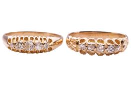 Two diamond-set half-hoop rings; the first set with old-cut diamonds, in a yellow metal mount tested