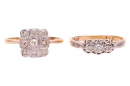 Two diamond set dress rings. One of them being a diamond set plaque ring, set with approximately 0.2