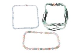 Three beaded necklaces; including a hexagonal prismatic aquamarine bead necklace, with round spacers