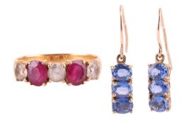 A ring and a pair of earrings; comprising a ruby and white sapphire five stone half hoop ring, the o