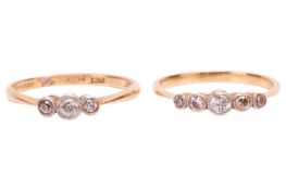 A diamond five-stone ring, together with a diamond three-stone ring. The diamond five-stone ring is 