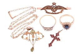 A collection of jewellery, including a diamond ring (one diamond deficient) set with two round brill