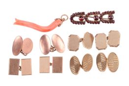 A collection of jewellery consisting of four pairs of cufflinks, all with hallmarks for 9ct gold, a 