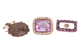 A 19th century amethyst and split pearl rectangular cluster brooch, an amethyst cluster brooch, the 