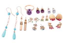 A 9ct gold amethyst dress ring, size M, together with eight pairs of gem-set earrings, including a p