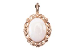 An opal pendant; the precious opal displaying mild play-of-colour on a sub-translucent background an