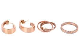 Two gold wedding bands and a pair of 9ct gold earrings; including an 18ct two-tone gold ring with a 