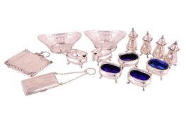 An ten piece silver Mappin and Webb cruet set, rounded rectangular with gadrooned borders Birmingham