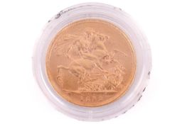 An 1892 Victoria 'Jubilee head' Full-Sovereign with a plastic case, circulated.