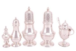 A pair of silver baluster sugar caster of baluster form, Sheffield 1990, together with a girdled bun