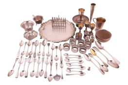 A collection of mixed silver, including a salver, a Mappin & Webb mug, a toast rack, vase, bon-b