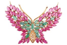A ruby, emerald and diamond butterfly brooch cum pendant; the thorax set with round brilliant cut di