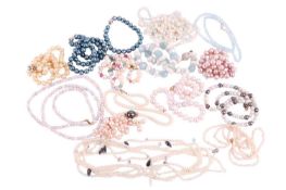 A collection of pearl and beaded jewellery comprising a pearl and aquamarine bead necklace with a wh