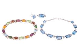 A synthetic spinel and paste necklace, brooch and ring suite, together with a multi colour paste set
