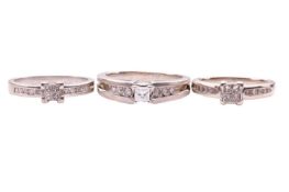 Three diamond-set rings; the first featuring a princess-cut diamond measuring approximately 3.2mm, l