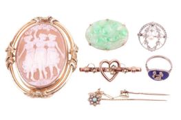 A collection of jewellery, including a rose cut diamond and pearl brooch in a circular garland desig