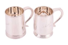 Two Mappin & Webb silver tankards, the first with a tapered body and reeded foot, engraved 'Pete