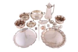 A collection of silver plate various items including a hammered silver on copper two-handled bowl, q