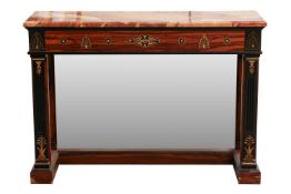 A 20th century French Empire style marble-topped brass marquetry inlaid zebrano side table, with a s