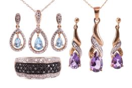 An amethyst and diamond-set pendant and matching earrings in yellow metal stamped '375', together wi
