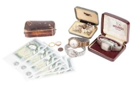 A 22ct gold band and a 9ct gold ring together with three watches, a selection of base metal cufflink
