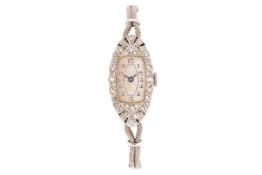 An Art Deco lady's cocktail watch, the navette-shaped case set with single-cut diamonds and surround