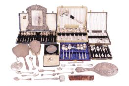 A mixed collection of silver and silver plate, comprising two silver propelling pencils, a silver ve