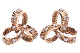 A pair of diamond-set knot earrings, with ridged texture and embellished with single-cut diamonds, s