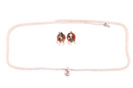 A double-row cultured pearl necklace, and a pair of coral and pearl set pinchbeck earrings. The doub