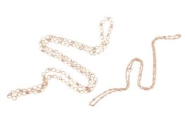 Two 9ct yellow gold fancy link chains; the first featuring infinity links with reeded design, measur