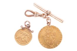 A yellow metal T-bar marked '9ct', together with a George IV 1791 spade guinea and an 1878 Liberty h