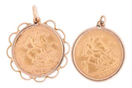 Two mounted half-sovereigns; comprising an Edward VII 1908 haf-sovereign unsoldered in a plain penda