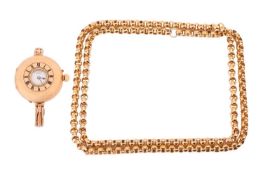 A Dent 18ct gold half hunter fob watch on an expandable 18ct bracelet with a crown wound movement in