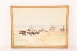 German Grobe (1857-1938) German, Ships waiting at the beach, gouache, image 50 cm x 36.5 cm, framed 